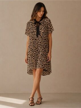 Zara Woman Black & Brown Leopard Tie-Neck Short Sleeve Shift Dress Size Medium